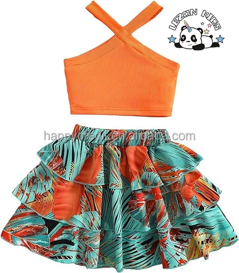 LEZONKIDS - Conjunto de 2 Peças Personalizável de Verão para Meninas, Top Halter Cruzado com Estampa Tropical e Saia em Camadas